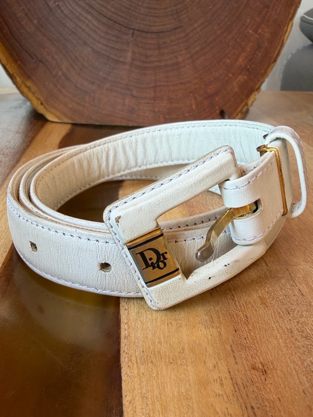 Dior White Leather Belt with Gold-Tone Buckle